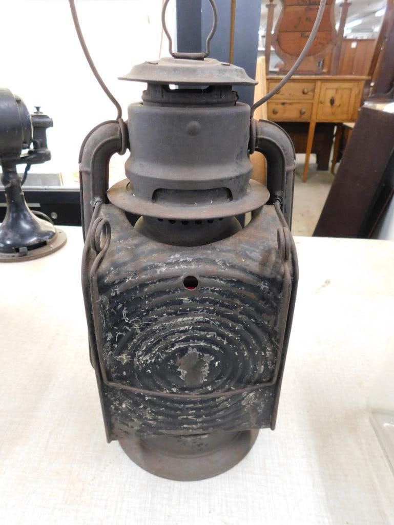 Vintage Simmons Liberty Railroad Lantern with Red Glass Globe - 15.5" x 8.5" x 6.5" - 7