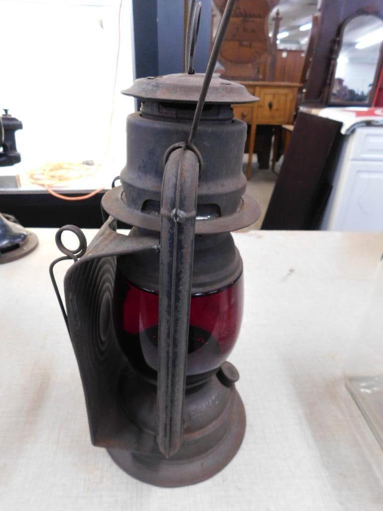 Vintage Simmons Liberty Railroad Lantern with Red Glass Globe - 15.5" x 8.5" x 6.5" - 8