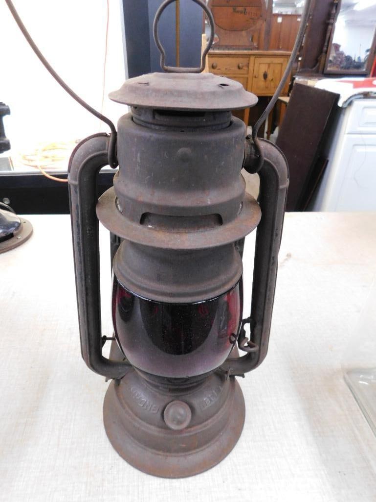 Vintage Simmons Liberty Railroad Lantern with Red Glass Globe - 15.5" x 8.5" x 6.5" - 9