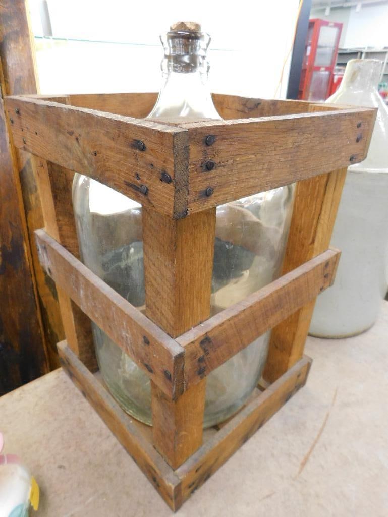 Vintage Glass 5 Gallon Water Jug in Original Wood Crate - 20" x 12" x 12" - 5