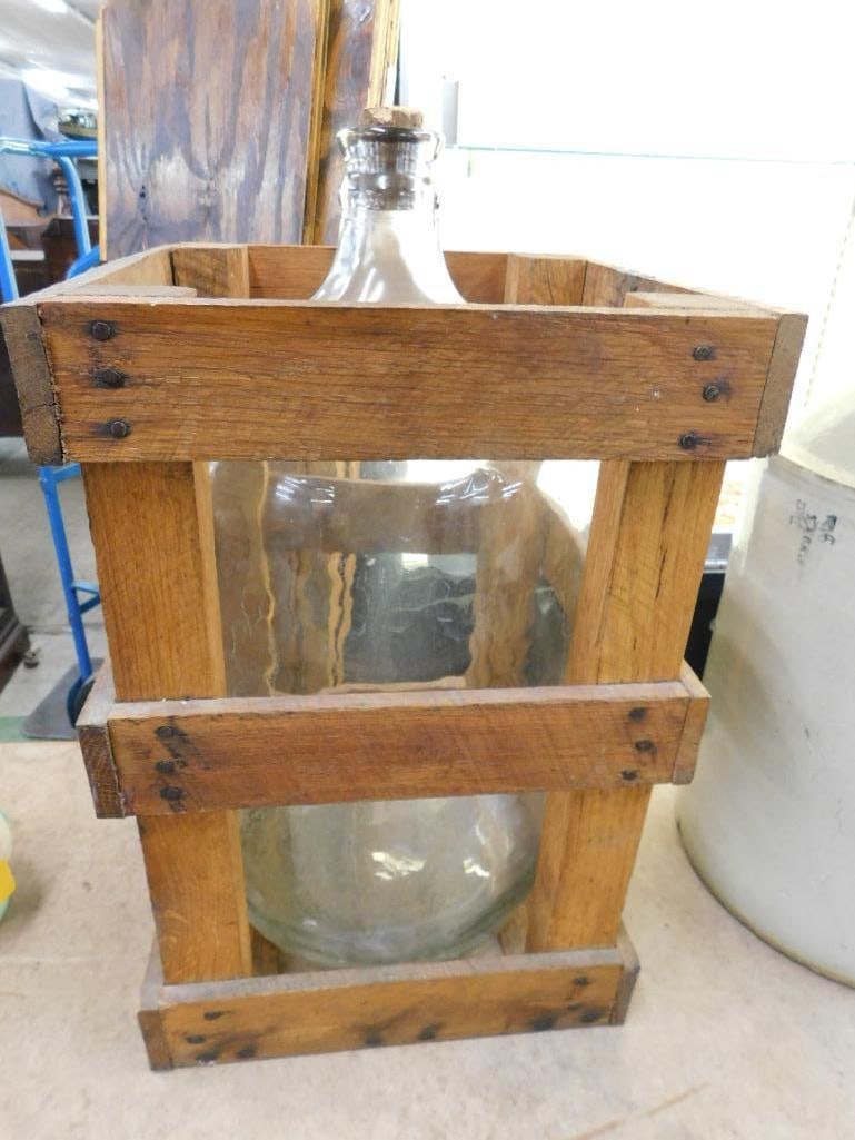 Vintage Glass 5 Gallon Water Jug in Original Wood Crate - 20" x 12" x 12" - 6