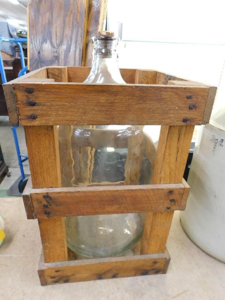Vintage Glass 5 Gallon Water Jug in Original Wood Crate - 20" x 12" x 12" - 7