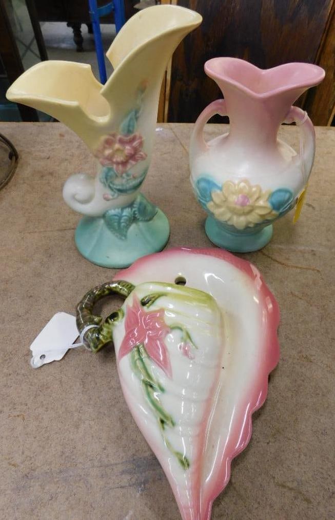 Group of 3 Hull Pottery Pieces - 6" Double Handled Vase - 7" Cornucopia Vase (1 of 9)
