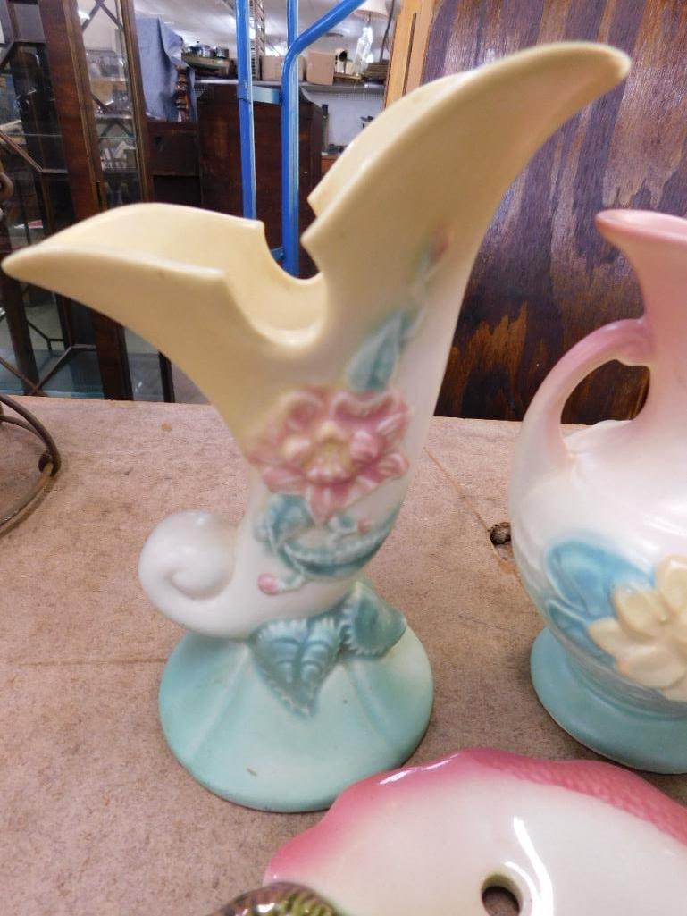 Group of 3 Hull Pottery Pieces - 6" Double Handled Vase - 7" Cornucopia Vase - 2