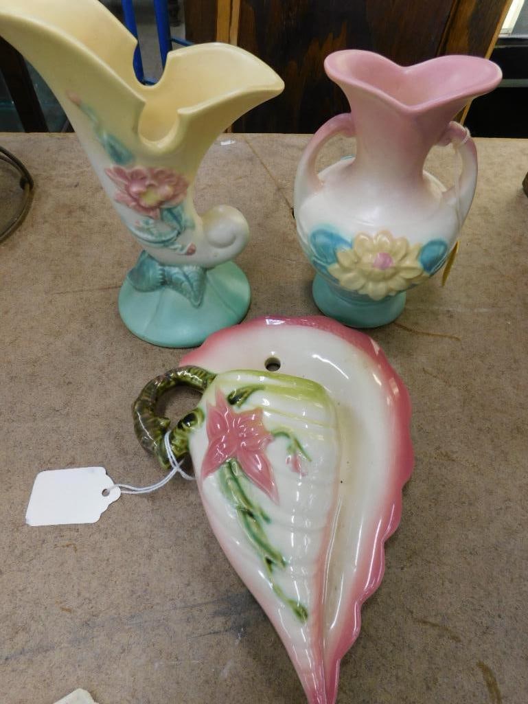 Group of 3 Hull Pottery Pieces - 6" Double Handled Vase - 7" Cornucopia Vase - 8