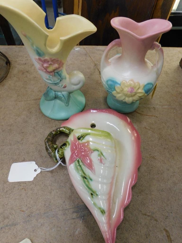 Group of 3 Hull Pottery Pieces - 6" Double Handled Vase - 7" Cornucopia Vase - 9