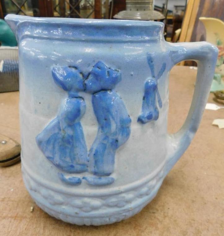 Blue and White Glaze Pottery Pitcher - Kissing Near Windmill - 7" x 7.5" x 5.5" (1 of 6)