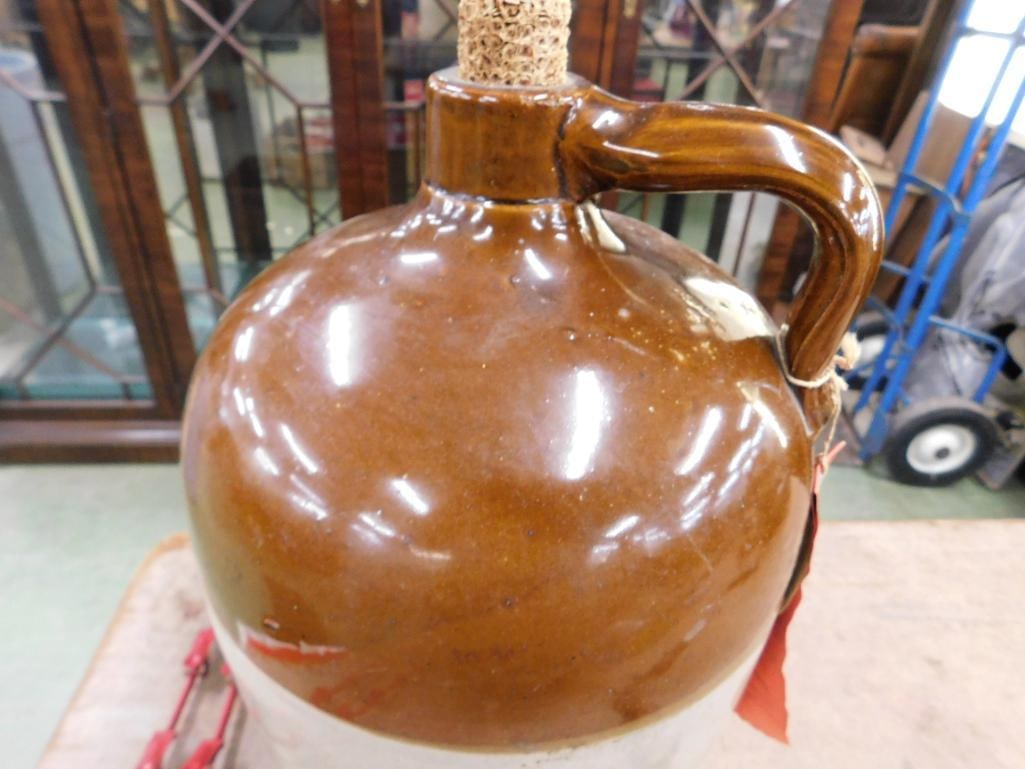 Vintage 2 Gallon Whiskey Jug - Brown White Glaze - 14" x 9" - 4