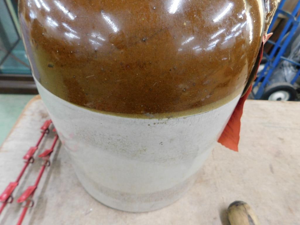 Vintage 2 Gallon Whiskey Jug - Brown White Glaze - 14" x 9" - 5