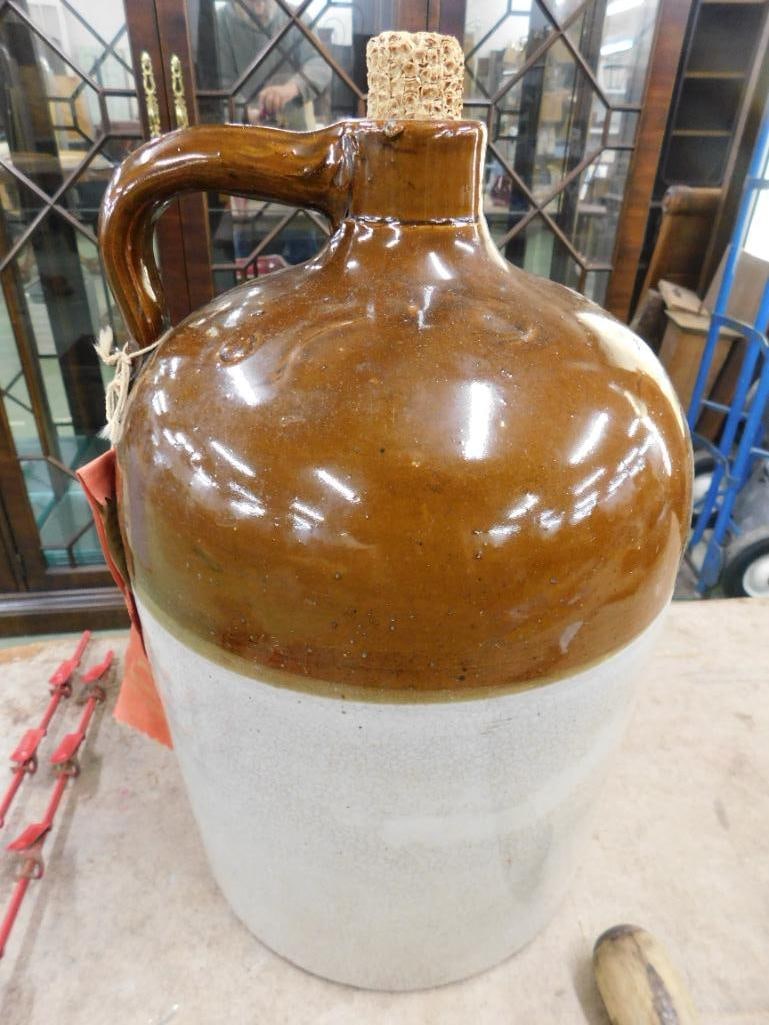 Vintage 2 Gallon Whiskey Jug - Brown White Glaze - 14" x 9" - 8