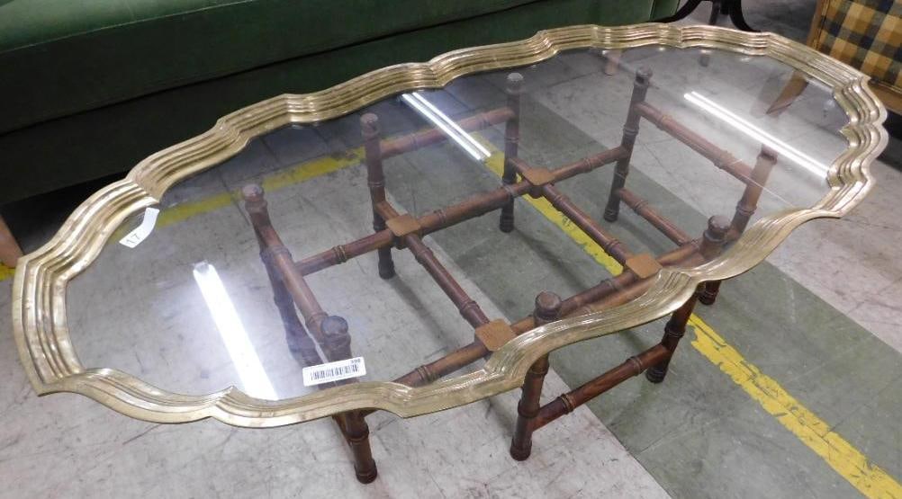 Hollywood Regency - Brass and Glass Top Coffee Table with Wood Base - 16" x 57" x 29" (1 of 8)