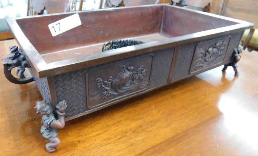 Chinese Bronze Footed Bonsai Planter with Flower Frog - 4.5" x 18" x 10": See Photos For Condition and Details 