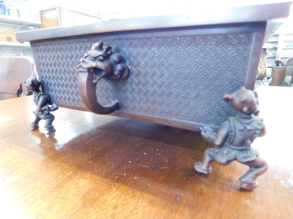 Chinese Bronze Footed Bonsai Planter with Flower Frog - 4.5" x 18" x 10" - 3