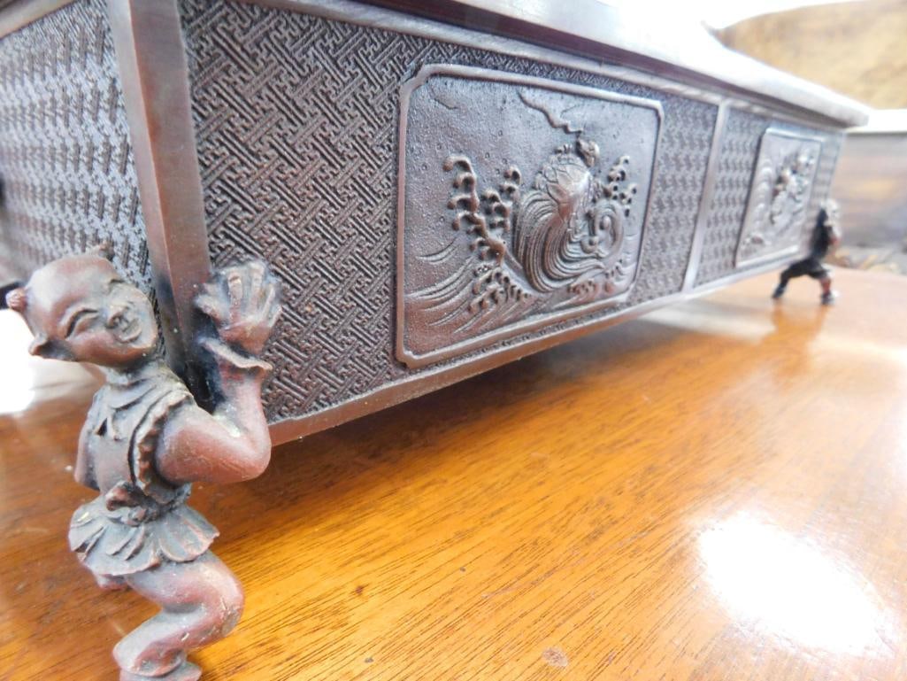 Chinese Bronze Footed Bonsai Planter with Flower Frog - 4.5" x 18" x 10" - 4