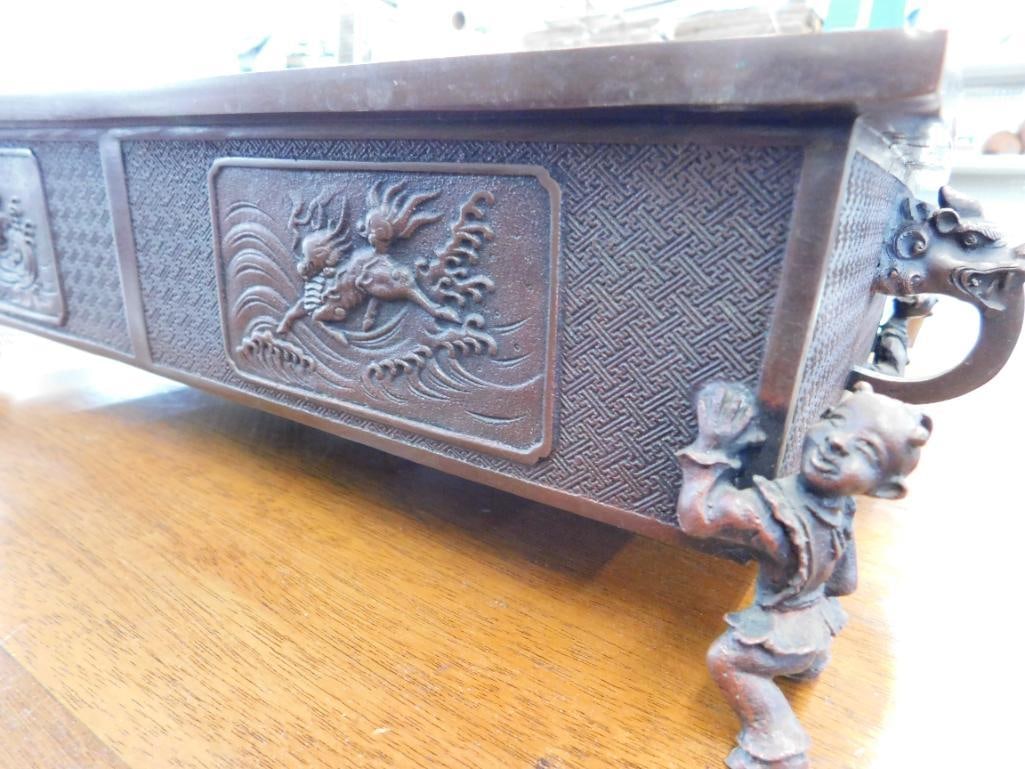 Chinese Bronze Footed Bonsai Planter with Flower Frog - 4.5" x 18" x 10" - 5