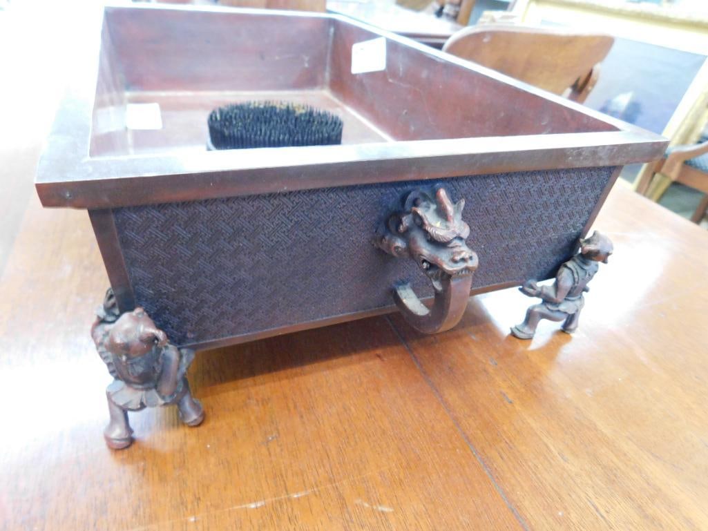 Chinese Bronze Footed Bonsai Planter with Flower Frog - 4.5" x 18" x 10" - 6