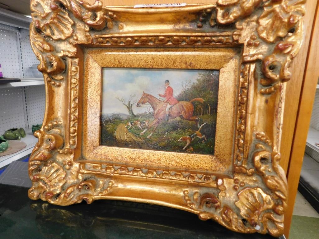 Vintage Signed Oil on Board - Ornate Frame - Hunting Scene - 13" x 12" - 12