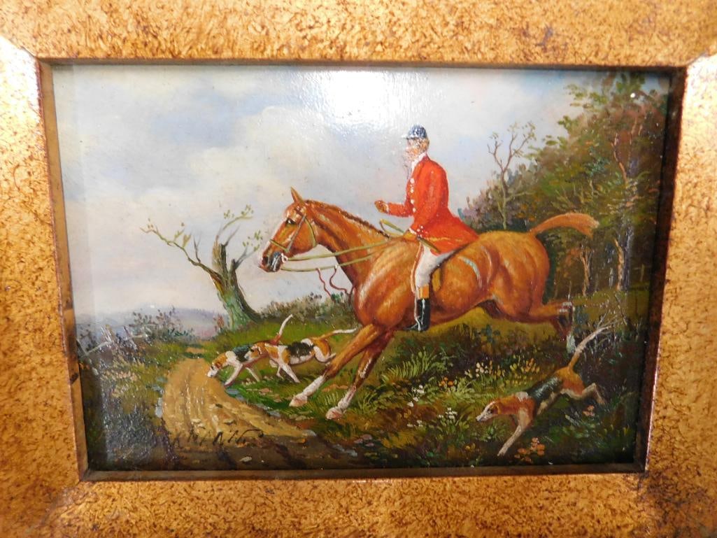 Vintage Signed Oil on Board - Ornate Frame - Hunting Scene - 13" x 12" - 2