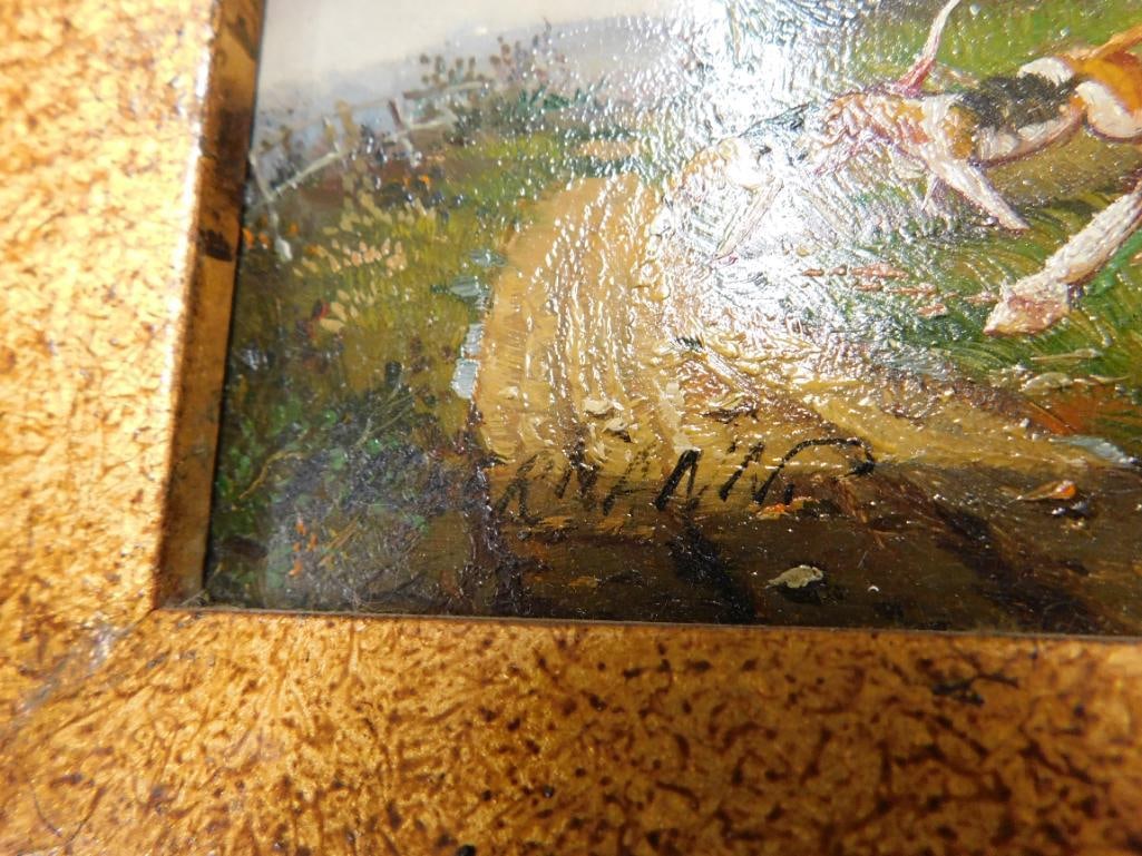 Vintage Signed Oil on Board - Ornate Frame - Hunting Scene - 13" x 12" - 3