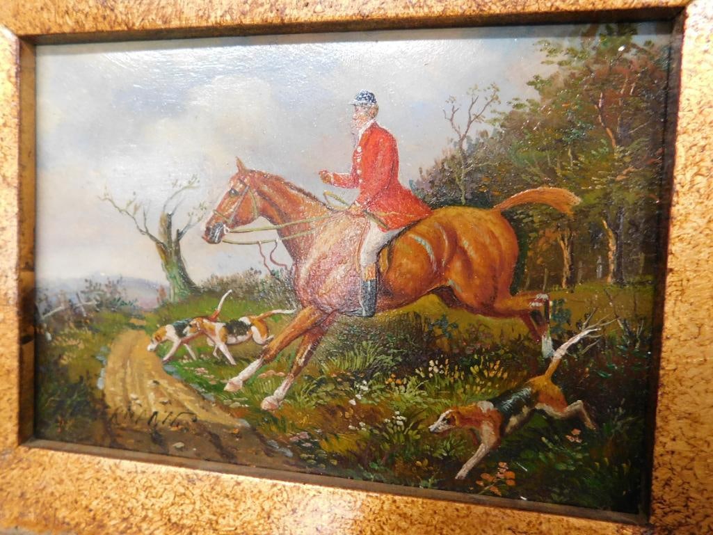 Vintage Signed Oil on Board - Ornate Frame - Hunting Scene - 13" x 12" - 4