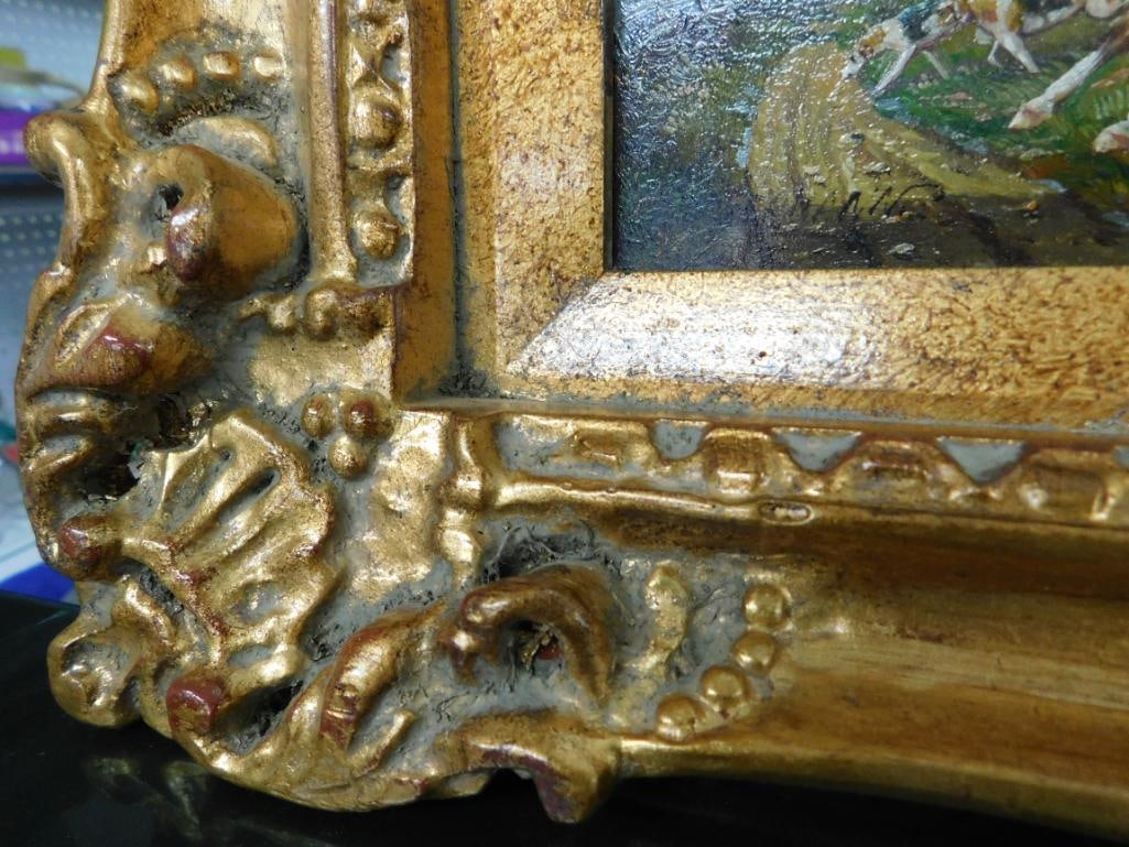 Vintage Signed Oil on Board - Ornate Frame - Hunting Scene - 13" x 12" - 5