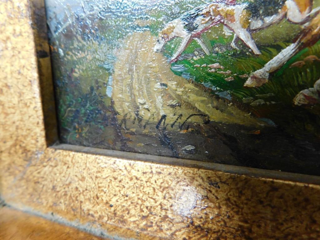 Vintage Signed Oil on Board - Ornate Frame - Hunting Scene - 13" x 12" - 6