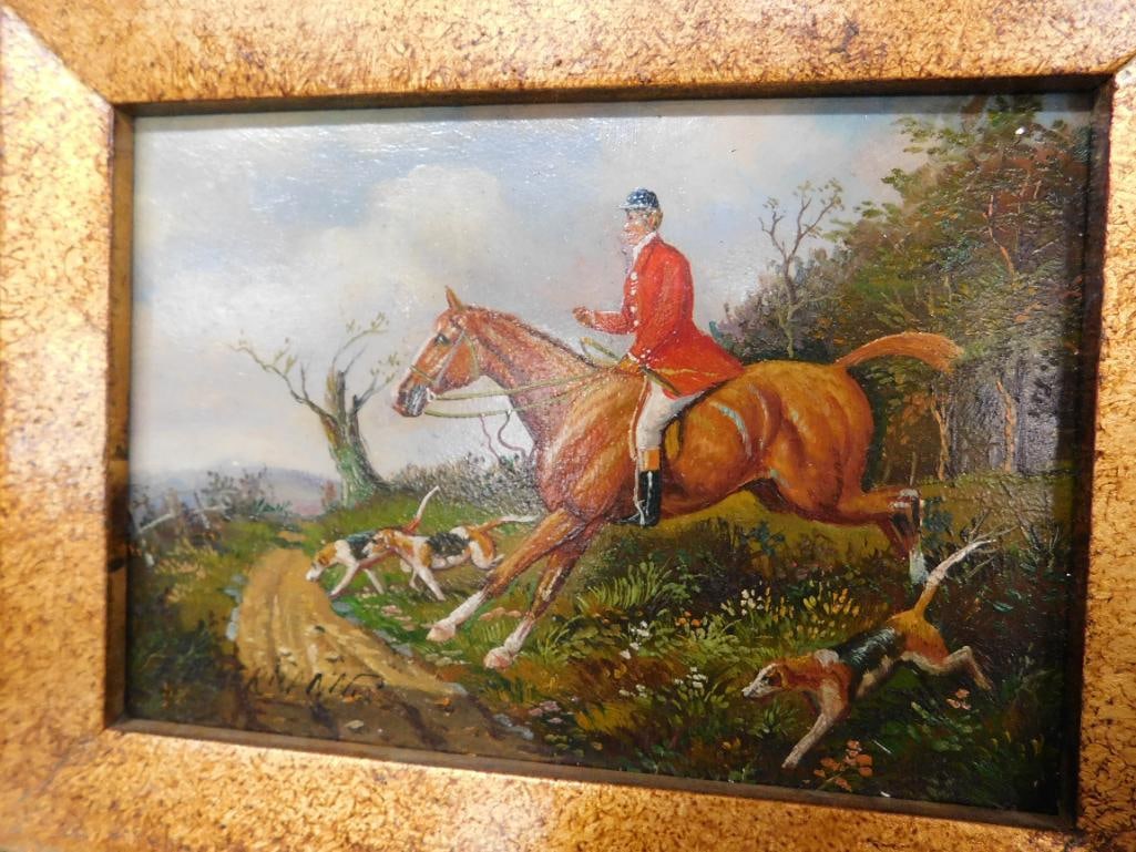 Vintage Signed Oil on Board - Ornate Frame - Hunting Scene - 13" x 12" - 8