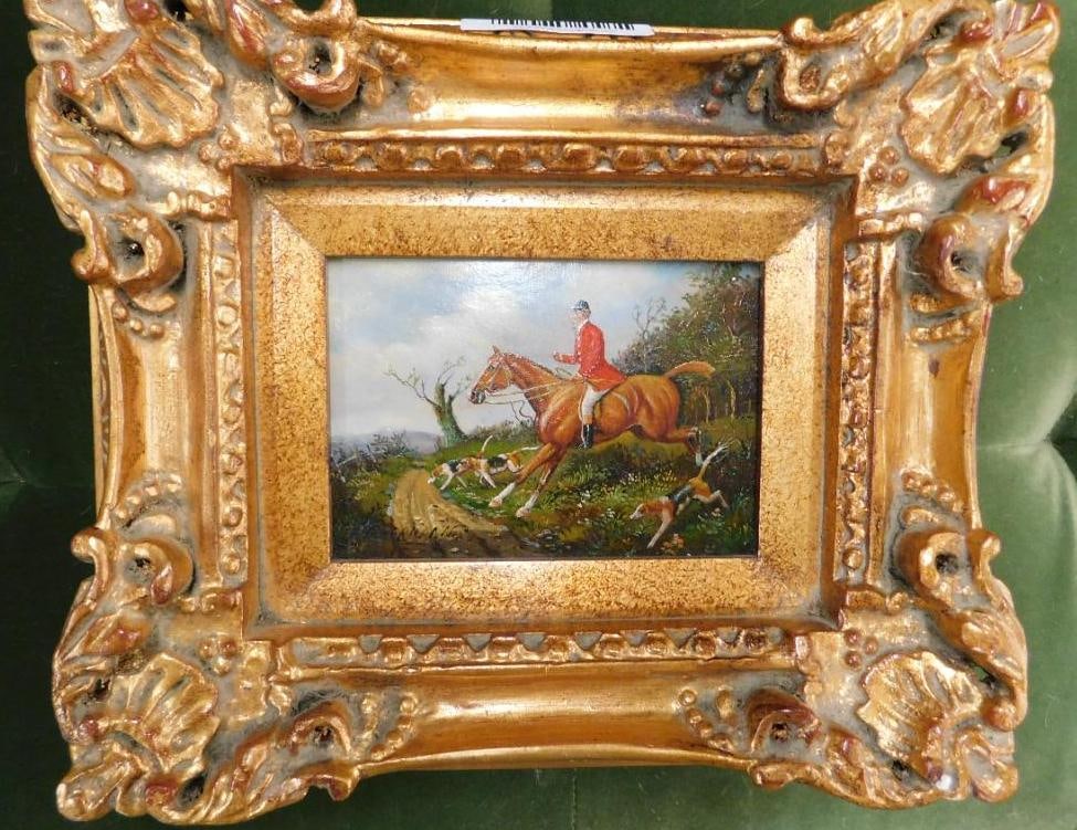 Vintage Signed Oil on Board - Ornate Frame - Hunting Scene - 13" x 12" - 9