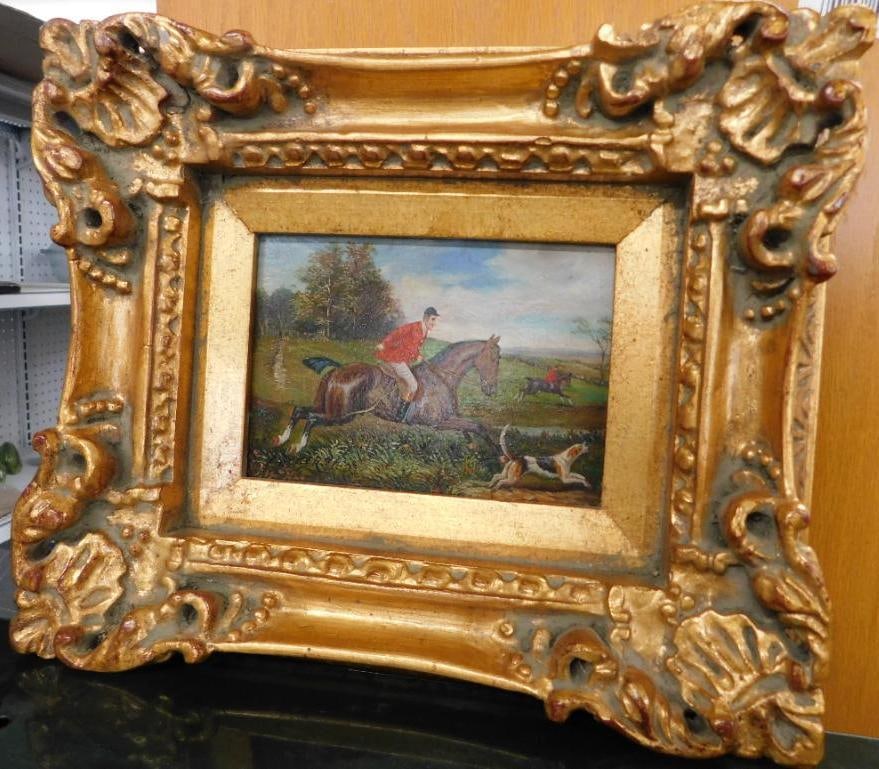 Vintage Signed Oil on Board - Ornate Frame - Hunting Scene - 13" x 12" (1 of 14)