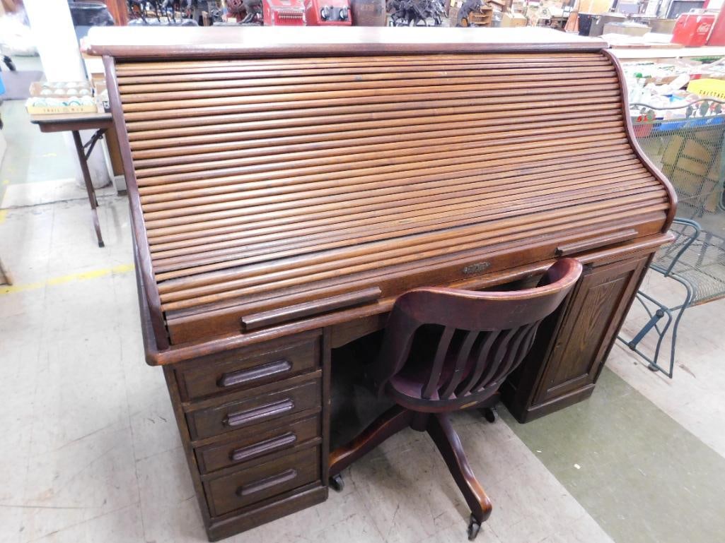 Roll Top Desk with Chair - Desk 49" x 60" x 30" - with Key - 15