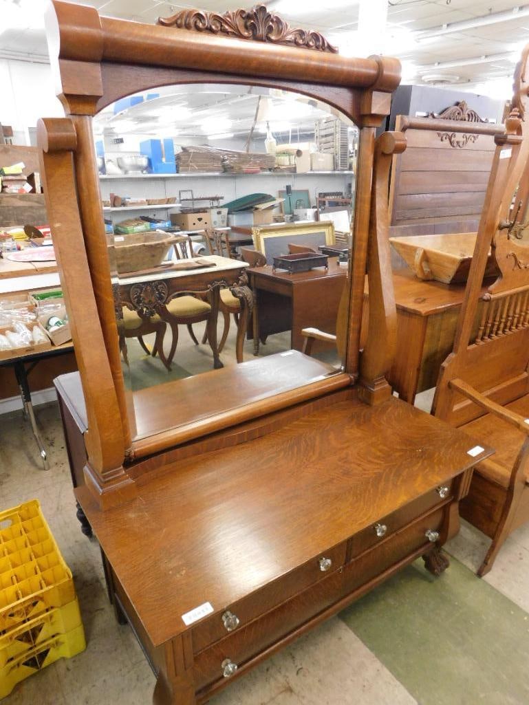 Oak Lowboy Dresser with Mirror - 78" x 50" x 24" - 11