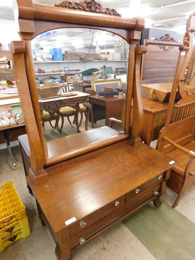 Oak Lowboy Dresser with Mirror - 78" x 50" x 24" - 12