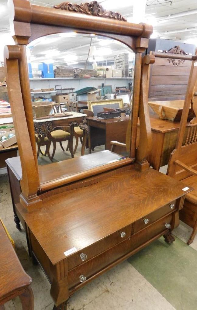 Oak Lowboy Dresser with Mirror - 78" x 50" x 24" (1 of 12)