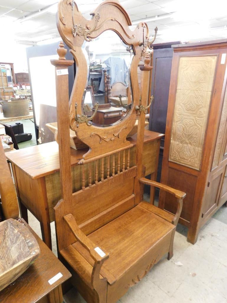 Shield Back Oak Hall Tree - 81" x 37" x 18" - 14