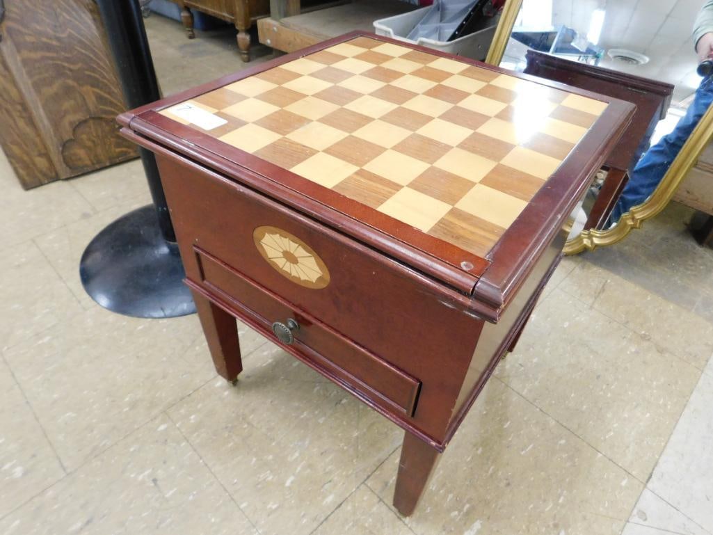 Modern Inlaid Game Table with Glass Chess Pieces - 20" x 16.5" x 16.5" - 12