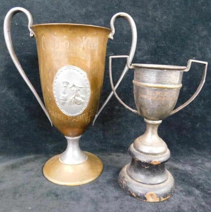 Lot of 2 Vintage Trophies - 1907 Providence RI "Home Week" - 7.5" Tall and: "Mixed Doubles" 5.5" - No Date - See Photos For Details and Condition 