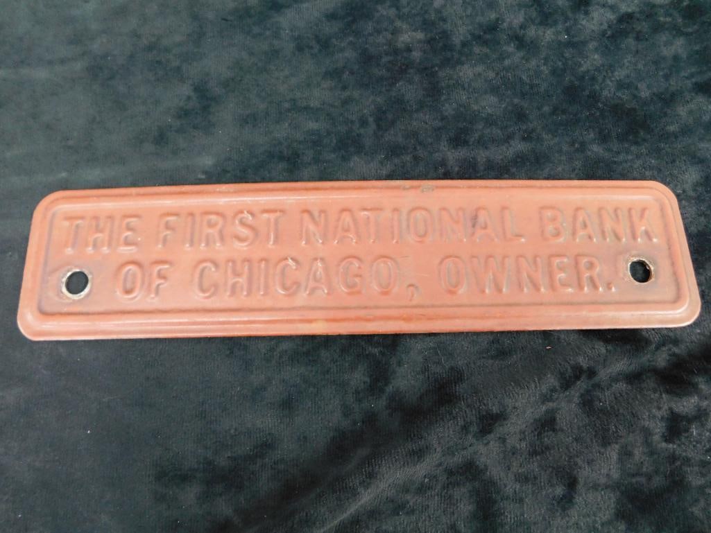 Vintage Metal "The First National Bank of Chicago" Building Plaque - 2.75" x 12" - 7