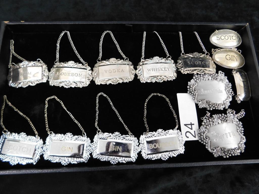 Tray Lot of 14 Misc. Liquor Tags - Pewter - Silver Plate - 12