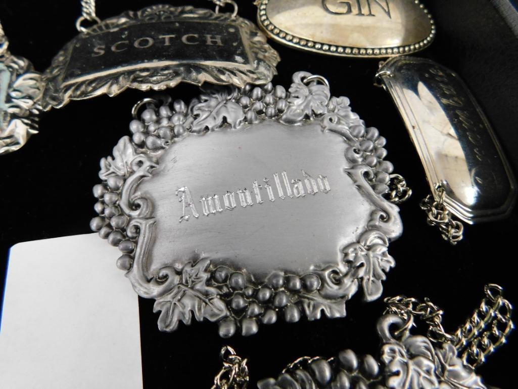 Tray Lot of 14 Misc. Liquor Tags - Pewter - Silver Plate - 7