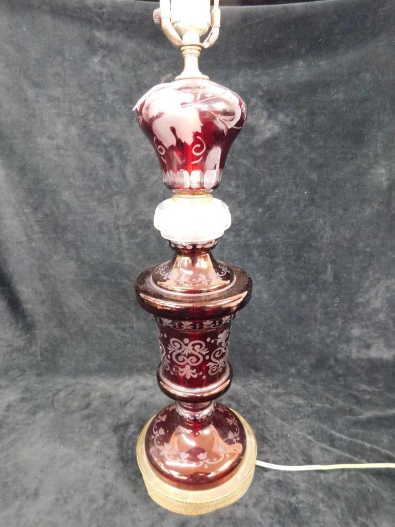 Vintage Bohemian Eggerman Ruby Etched To Clear Table Lamp - 35.5" x 6.5" - 10