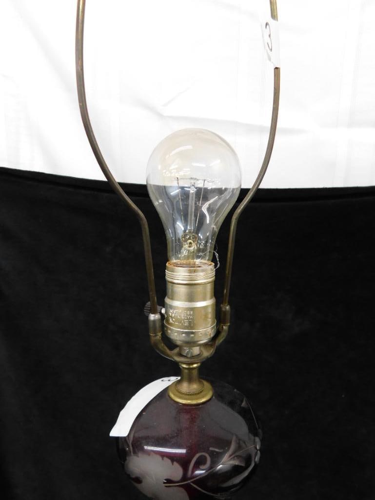 Vintage Bohemian Eggerman Ruby Etched To Clear Table Lamp - 35.5" x 6.5" - 3