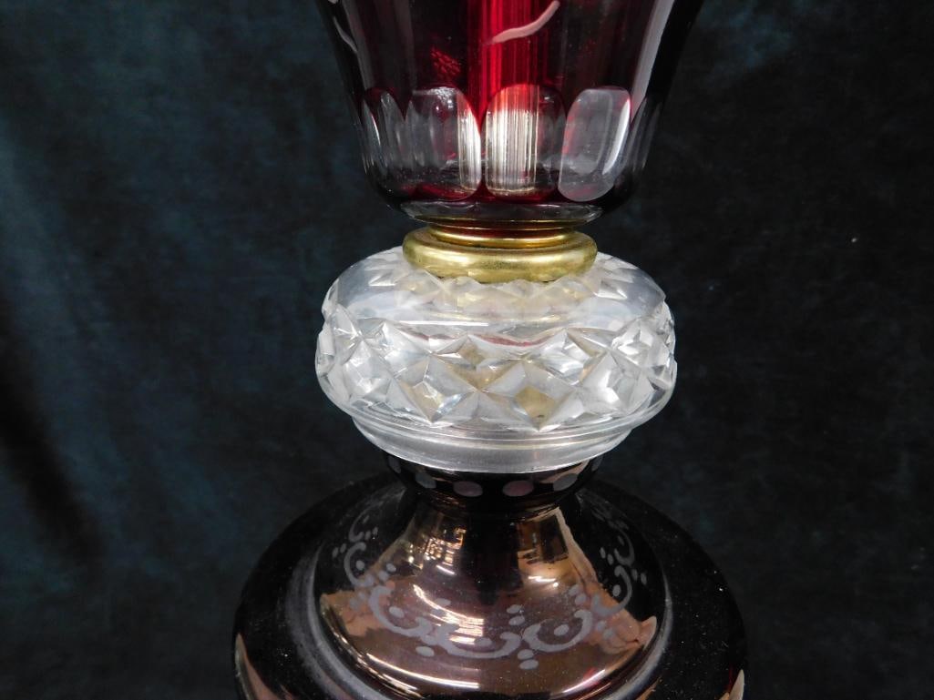 Vintage Bohemian Eggerman Ruby Etched To Clear Table Lamp - 35.5" x 6.5" - 5