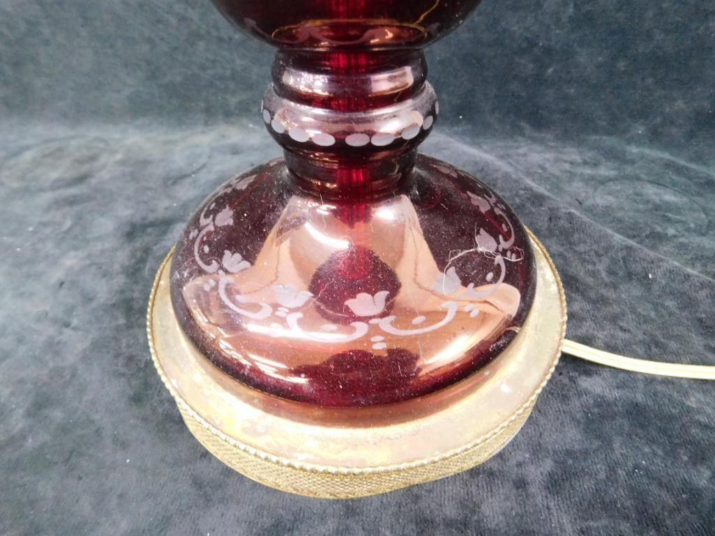 Vintage Bohemian Eggerman Ruby Etched To Clear Table Lamp - 35.5" x 6.5" - 7