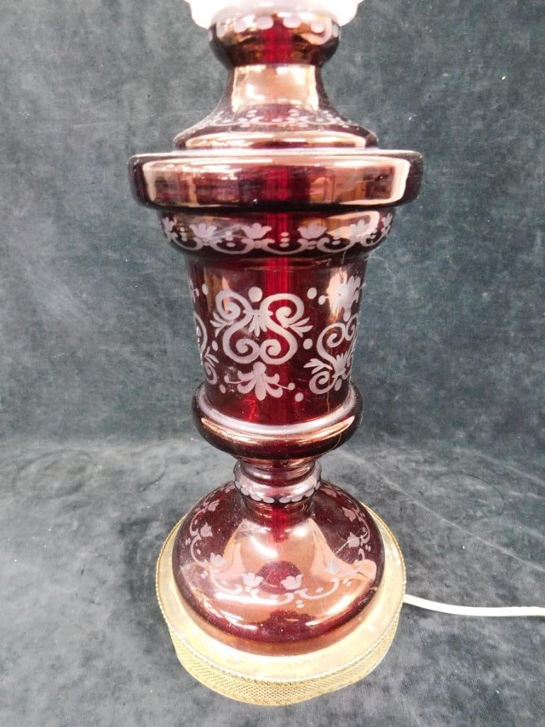 Vintage Bohemian Eggerman Ruby Etched To Clear Table Lamp - 35.5" x 6.5" - 8