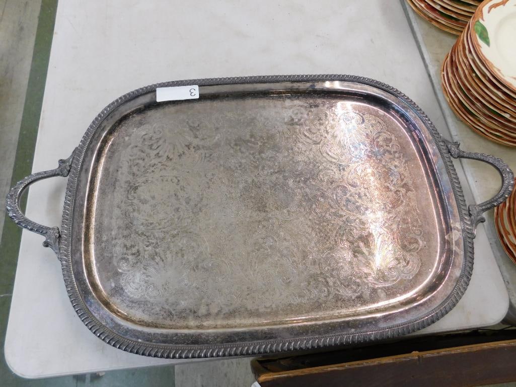 Vintage Silver on Copper Handled Serving Tray - 2.5" x 28" x 16.25" - 10