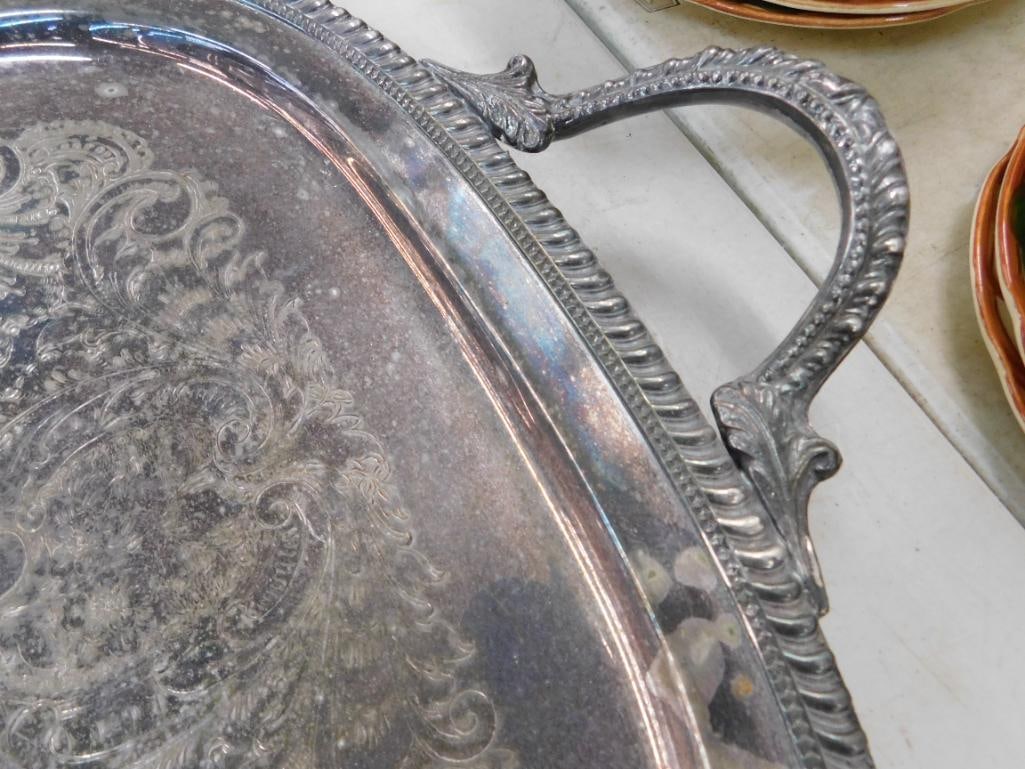 Vintage Silver on Copper Handled Serving Tray - 2.5" x 28" x 16.25" - 5