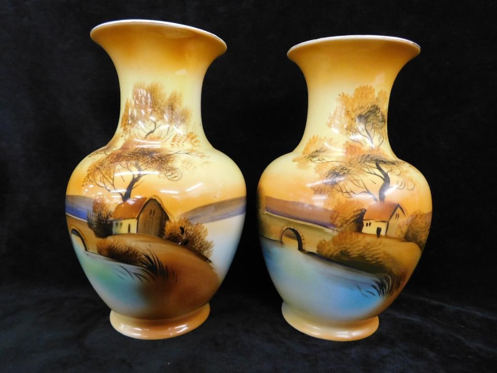 Pair of Vintage Hand Painted Noritake Porcelain Vases - Each 8.5" x 5.25" - 12