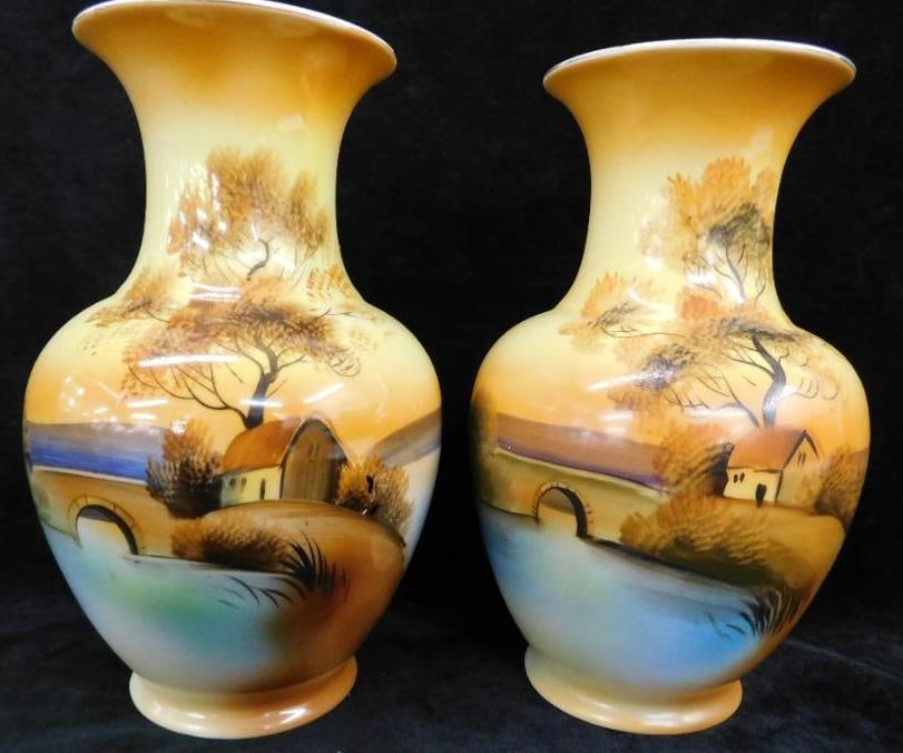 Pair of Vintage Hand Painted Noritake Porcelain Vases - Each 8.5" x 5.25": See Photos For Details and Condition 