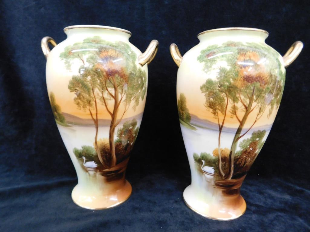 Pair of Vintage Hand Painted Nippon Porcelain Double Handled Vases - Each 8.5" x 5.25" - 15