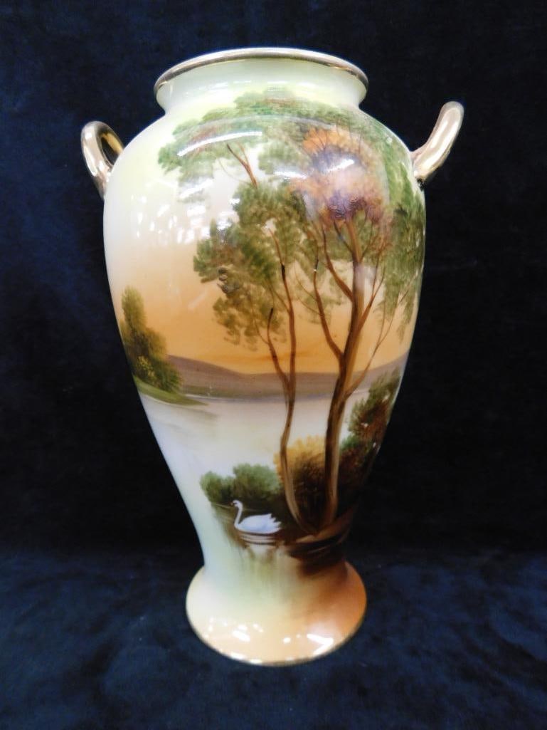 Pair of Vintage Hand Painted Nippon Porcelain Double Handled Vases - Each 8.5" x 5.25" - 2